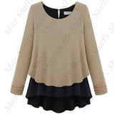 Long Sleeve Fake Two Piece Chiffon Spliced Sweater Pullover Blouser Crew Neck