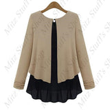 Long Sleeve Fake Two Piece Chiffon Spliced Sweater Pullover Blouser Crew Neck