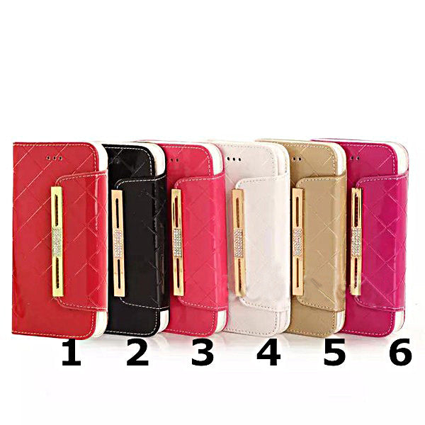 Leather Case For iPhone 6 Shiny Rhinestone Metal Design Folding Design With Strap