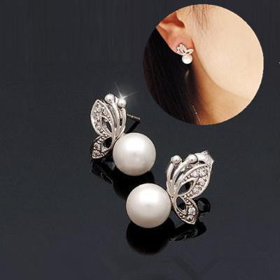 Faux Pearl Earring Crystal Butterfly Alloy Wedding Bridal Stud Earrings