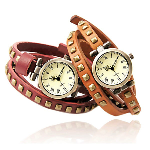 Punk Retro Fashion Bracelet Watch Cowhide Roman Rivet Watch